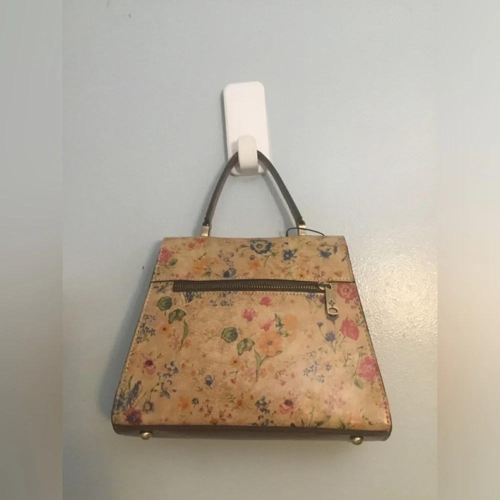 Floral Print Top-Handle Bag in Beige with Gold Hardware